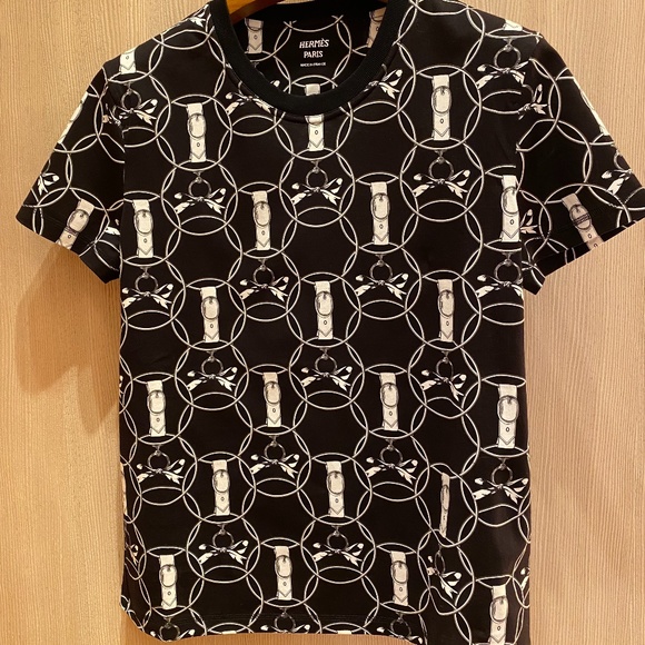 HERMES BLACK WHITE STRAIGHT T-SHIRT IN COTTON SIGNATURE PRINT SIZE 36 - Picture 3 of 13